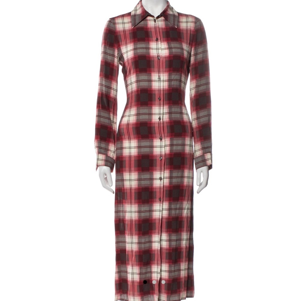 Vintage Celine Burgundy and Cream Plaid Midi Shirt Dress Sz 42 - Picture 2 of 9